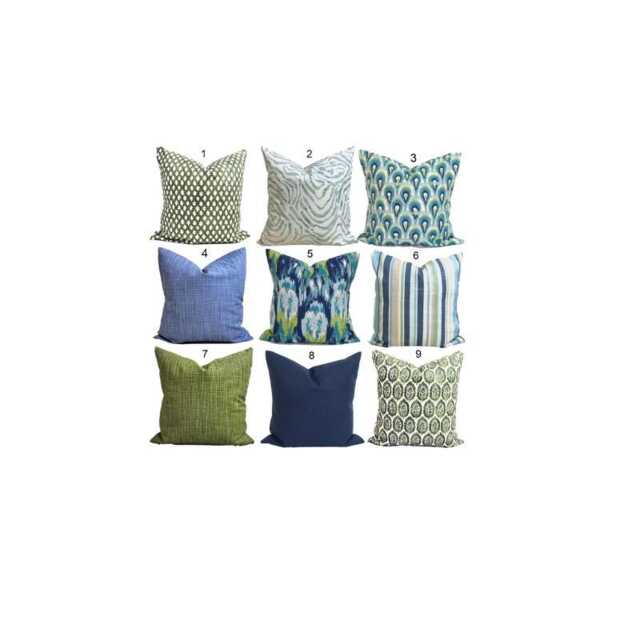 Blue Throw Pillows, Pillow Cover, Green Covers For 20x20, 18x18, 16x16 Inserts, All Sizes Incl Euro Shams & Lumbars - image 1