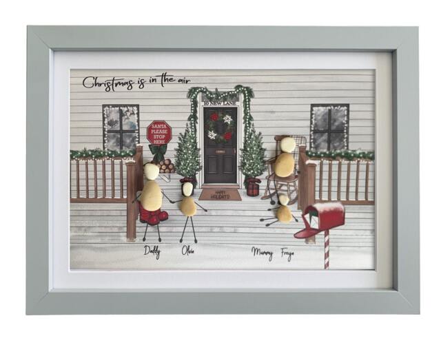 Personalised Pebble Art Family Christmas Holiday Porch Scene. Customised Print Framed Stone. Perfect Gift Mum Dad House Warming Home - image 1