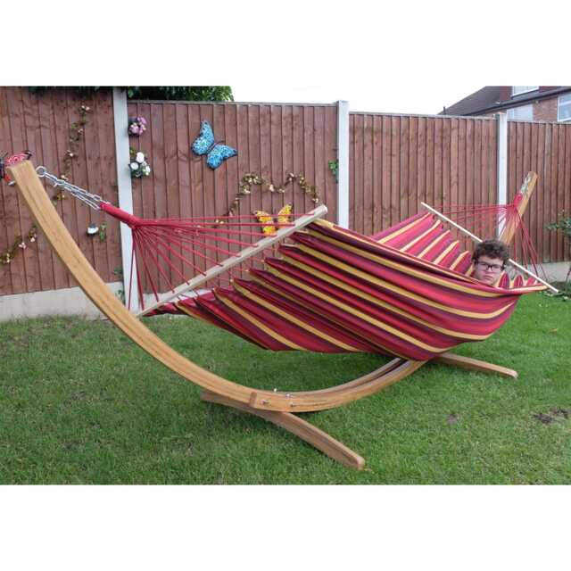 Outdoor Swing Hammock With Wooden Stand, Garden Patio Hanging Bed-Red - image 1