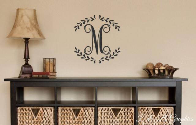 Initial Wreath Vinyl Wall Decal - Personalized Laurel Wreath - Twig Decor - Family Name - Entryway Home Sign - image 1