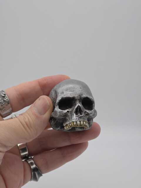 Dirty Silver Effect Solid Tiny Human Half Skull Ornament. Small Replica Plaster Of Paris Skull - image 1