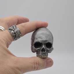 Dirty Silver Effect Solid Tiny Human Half Skull Ornament. Small Replica Plaster Of Paris Skull - thumbnail 2