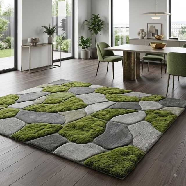Hand Tufted Moss Rug, 8x10 Green Grass Sculpted Organic Stone Path Luxury Area Carpet Mid Century Rug Custom Wool Bedroom - image 1