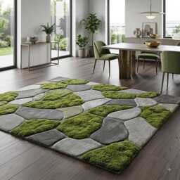 Hand Tufted Moss Rug, 8x10 Green Grass Sculpted Organic Stone Path Luxury Area Carpet Mid Century Rug Custom Wool Bedroom