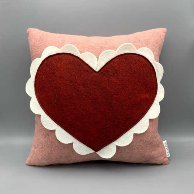 Handmade Wool Felt Heart Pillow Red & Pink Scalloped Edge Valentine's Day Decor - image 1