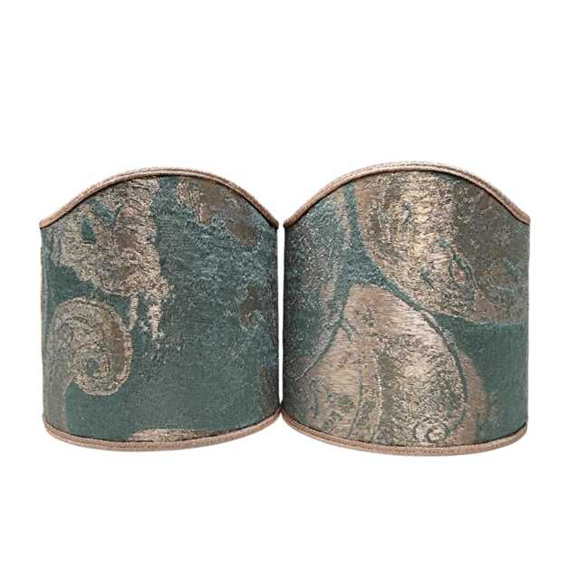 Pair Of Clip-On Shield Shades Jade Green & Gold Silk Brocade Rubelli Fabric Barbarigo Pattern Mini Lampshade - Made in Italy - image 1
