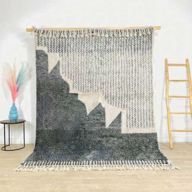 Moroccan Gray & Ivory Berber Rug, Handwoven Wool Shag Rug With Stepped Geometric Pattern, Authentic Beni Ourain Style Carpet, Large Area - image 1