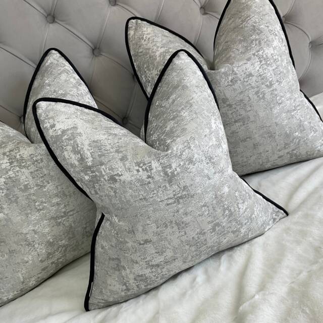 Venus Silver Cushion Cover Luxury Textured Pillow Sham Black Velvet Piping Designer Beaumont Textiles Fabric Handmade in UK - image 1