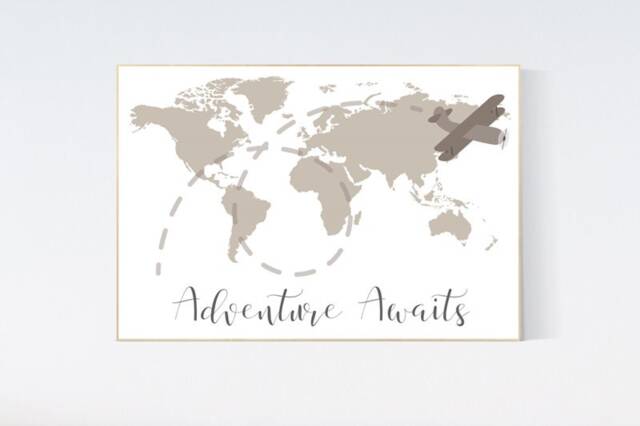 World Map Nursery Print Neutral Airplane Wall Art - image 1