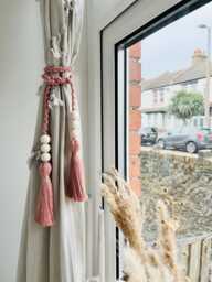 Macram?? Curtain Tie Backs - Braided Rope Holdbacks Boho Home D??cor Bohemian Style Window Treatment Farmhouse Wood Beads 16 Colours - thumbnail 1