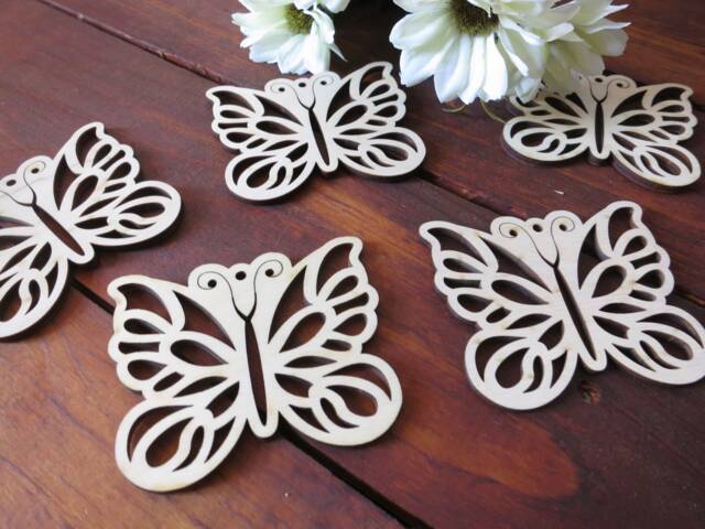 5 Wooden Butterfly Christmas Ornaments Lace Filigree, Rustic Woodland Decor - image 1