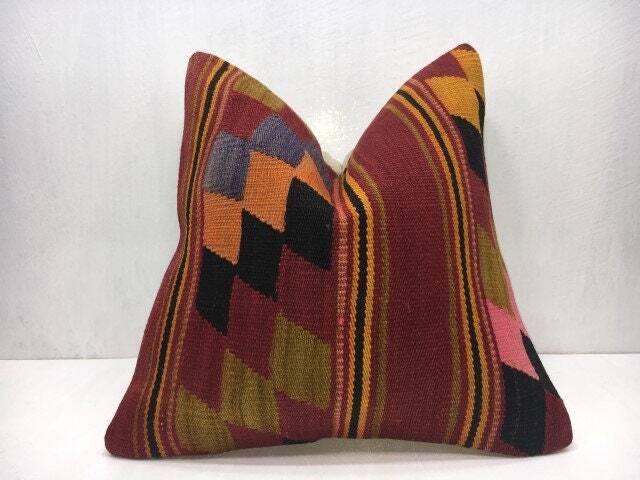 Vintage Kilim Pillow Cover, 16x16, Handwoven Turkish Bohemian Decor - image 1