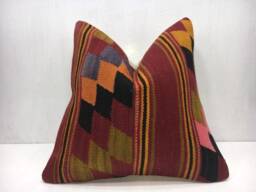 Vintage Kilim Pillow Cover, 16x16, Handwoven Turkish Bohemian Decor - thumbnail 1