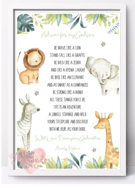 Personalised Godson Baptism Print, Jungle Animals Nursery Poem - Godchild Christening Keepsake Print