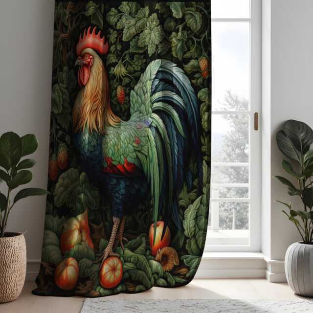 Rooster Curtains, Farmhouse Kitchen Drapes, Botanical Chicken Print Window Panel, Rustic Country Decor With Fruit Details - image 1