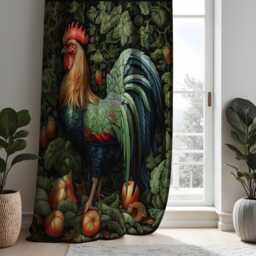 Rooster Curtains, Farmhouse Kitchen Drapes, Botanical Chicken Print Window Panel, Rustic Country Decor With Fruit Details