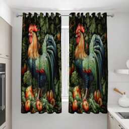 Rooster Curtains, Farmhouse Kitchen Drapes, Botanical Chicken Print Window Panel, Rustic Country Decor With Fruit Details - thumbnail 2