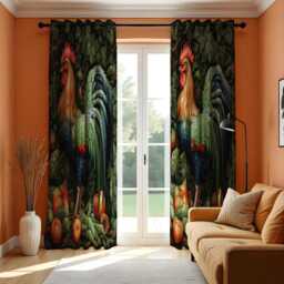 Rooster Curtains, Farmhouse Kitchen Drapes, Botanical Chicken Print Window Panel, Rustic Country Decor With Fruit Details - thumbnail 3