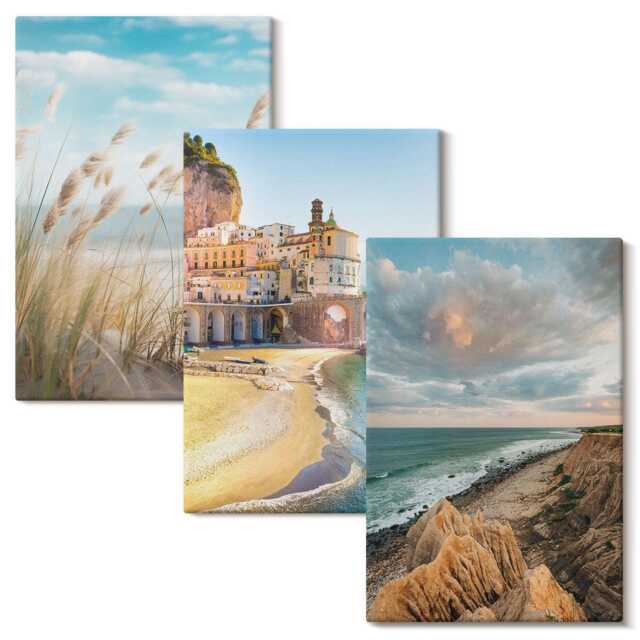 Canvas Wall Art Set Of 3 - Seaside Landscapes With A Beach, City & Cliffs, Blue Art, Decor - image 1