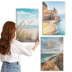 Canvas Wall Art Set Of 3 - Seaside Landscapes With A Beach, City & Cliffs, Blue Art, Decor - thumbnail 2