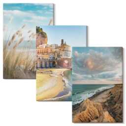 Canvas Wall Art Set Of 3 - Seaside Landscapes With A Beach, City & Cliffs, Blue Art, Decor - thumbnail 1