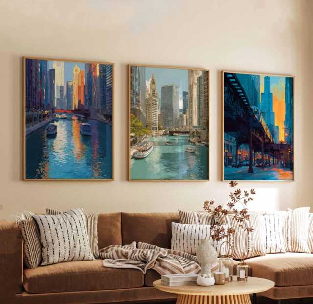 Set Of 3 Chicago Posters, Illinois Wall Art Prints, Travel Poster Set, City Skyline Urban Architecture Posters - image 1