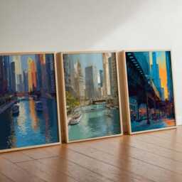 Set Of 3 Chicago Posters, Illinois Wall Art Prints, Travel Poster Set, City Skyline Urban Architecture Posters - thumbnail 2
