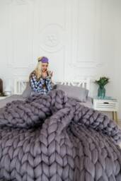 Gray Chunky Knit Blanket, Knitted Blanket Knits, Throw Blanket, Merino Wool Yarn, Arm Blanket