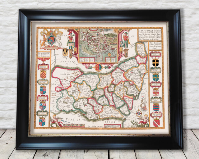 Vintage Suffolk Map Print John Speed 1610, Ipswich & Felixstowe - Exceptional Quality 230Gsm Framed, Unframed Free Standard Delivery - image 1