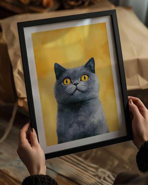 British Shorthair Cat Art Print Bold Yellow Pet Portrait - image 1
