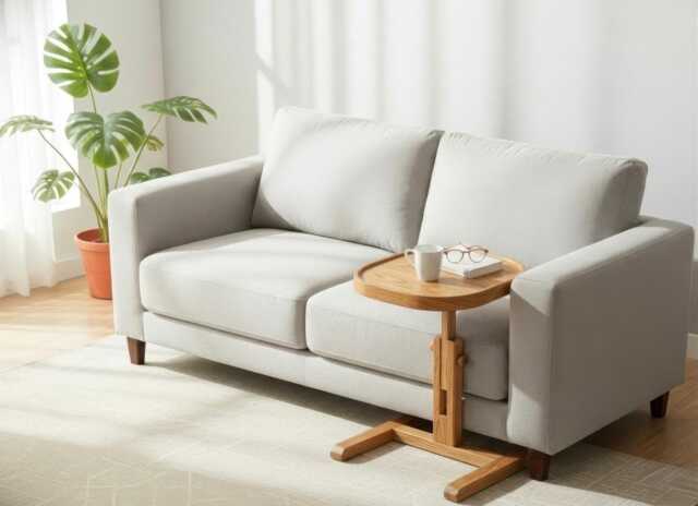 Oak C Shaped Side Table, Adjustable Wooden Sofa End Table For Laptop & Coffee - image 1