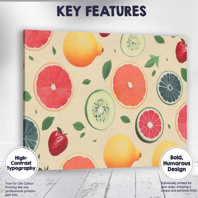 Fresh Citrus Kiwi Strawberry Fruit Repeat Pattern Canvas Wall Art Print Decor Picture Ready To Hang - image 1