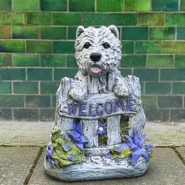 Concrete Dog With Welcome Sign Statue Stone Westie Ornament Dog Garden Decor Handmade Sculpture Cement Entry Porch Figure Lover Gift - image 1