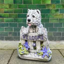 Concrete Dog With Welcome Sign Statue Stone Westie Ornament Dog Garden Decor Handmade Sculpture Cement Entry Porch Figure Lover Gift - thumbnail 2