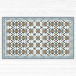 Elegant Grey Linoleum Rug, Area Vinyl Mat, With Tiles & Decorative Boarder. Kitchen Doormat - Art Mat Printed PVC Carpet