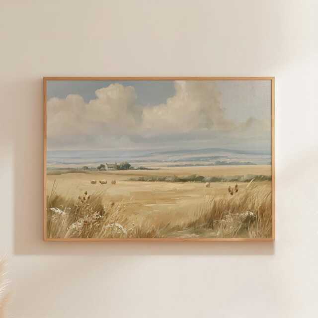 Golden Field Poster, Neutral Countryside Wall Art, Rural Painting - image 1