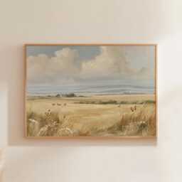 Golden Field Poster, Neutral Countryside Wall Art, Rural Painting - thumbnail 1
