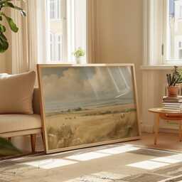 Golden Field Poster, Neutral Countryside Wall Art, Rural Painting - thumbnail 4