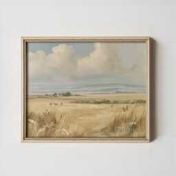 Golden Field Poster, Neutral Countryside Wall Art, Rural Painting - thumbnail 3