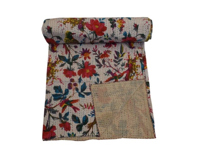 Handmade Floral Kantha Quilt Bohemian King Size Bedspread - image 1