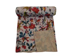 Handmade Floral Kantha Quilt Bohemian King Size Bedspread - thumbnail 1