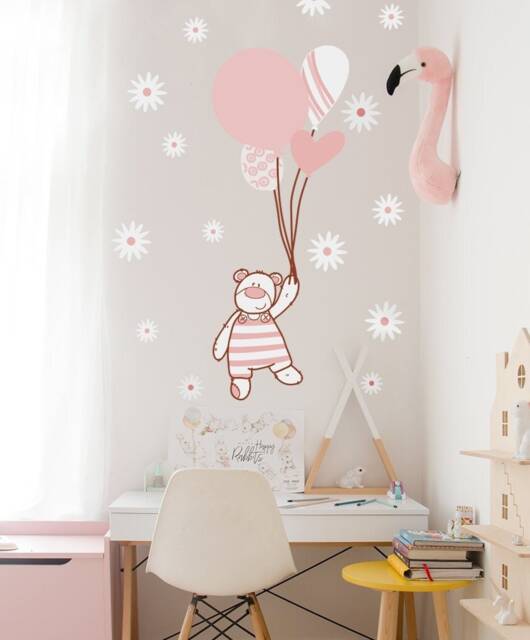 Teddy Bear Wall Decals For Nursery, Nursery Decals Baby Girls Room, Pink With Daisy Bedroom Peel Stick - image 1