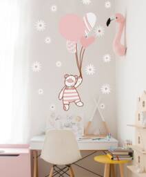 Teddy Bear Wall Decals For Nursery, Nursery Decals Baby Girls Room, Pink With Daisy Bedroom Peel Stick - thumbnail 1