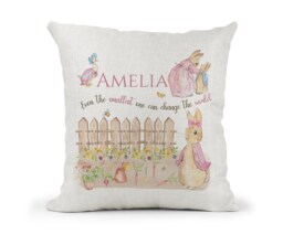 Personalised Peter Rabbit Cushion...girls Flopsy, Quote Even The Smallest One Can Change World.. New Baby Christening Gift - thumbnail 1