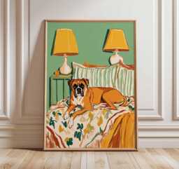 Boxer Dog Art Print, Cozy Bedroom Poster, Relaxed Pet Wall Art, Playful Illustration, Colorful Home Decor Artwork - thumbnail 1