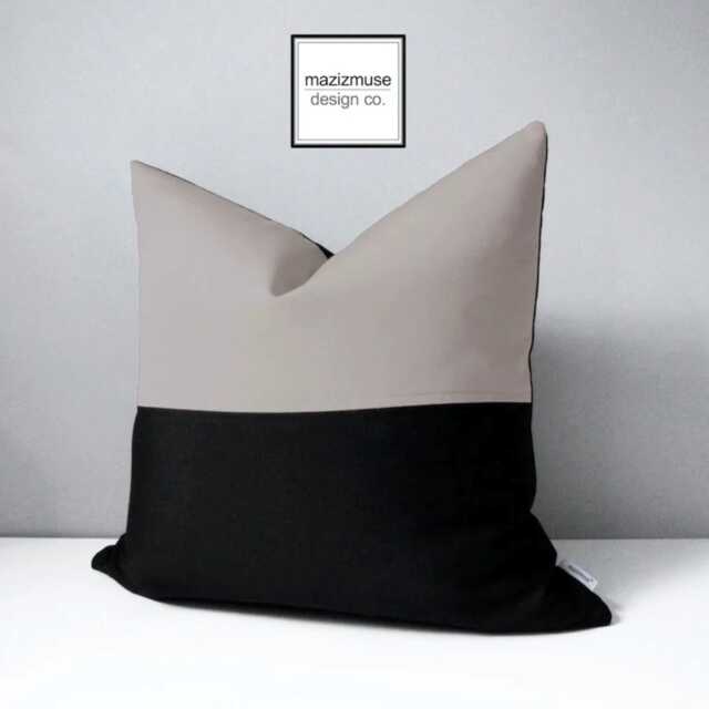 Modern Black & Taupe Outdoor Pillow Cover, Decorative Color Block & Warm Grey Sunbrella Cushion Mazizmuse - image 1