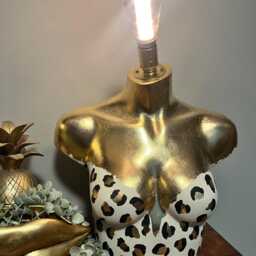Leopard Print Mannequin Lamp Cream, Black & Gold Leaf Table Lamp - thumbnail 3