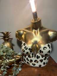 Leopard Print Mannequin Lamp Cream, Black & Gold Leaf Table Lamp - thumbnail 1