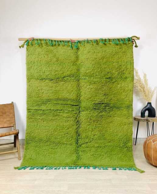 Solid Green Moroccan Berber Rug, Authentic Beni Ourain Carpet, Large 9x12 Area Handwoven Wool Shag Boho Nursery Room - image 1