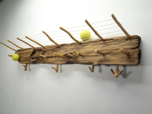 Handmade Rustic Spruce Coat Rack With Shelf & Tennis Ball Accents - image 1